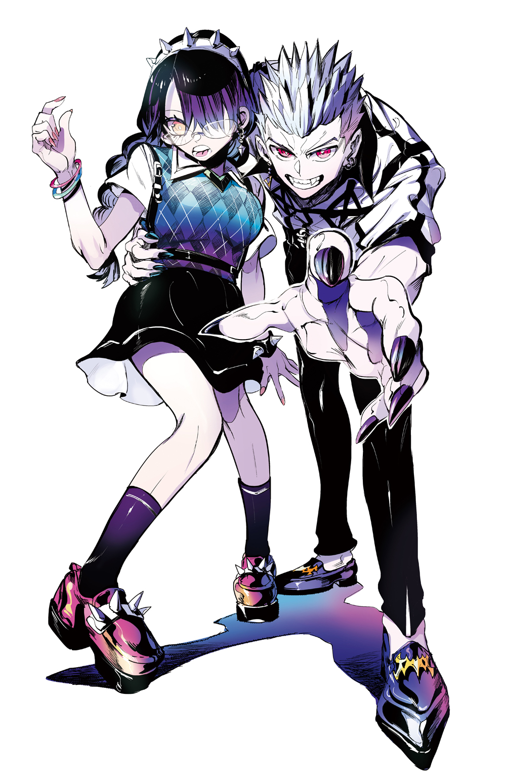 1boy 1girl black_nails black_skirt breasts full_body glasses grin hair_over_one_eye headband highres nail_polish original pink_eyes puppeteer7777 purple_hair short_hair skirt smile spiked_hair white_hair yellow_eyes