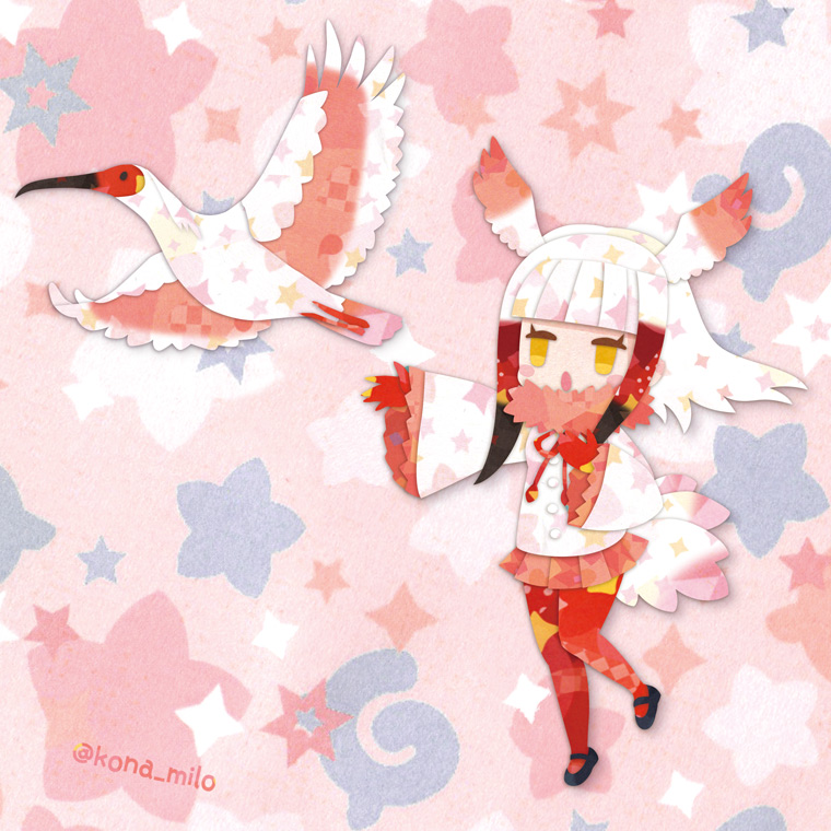1girl animal bird bird_tail bird_wings feathered_wings gloves head_wings jacket japanese_crested_ibis_(kemono_friends) japari_symbol kemono_friends kikuchi_milo long_hair pantyhose pink_background red_hair shoes simple_background skirt tail white_hair wings yellow_eyes
