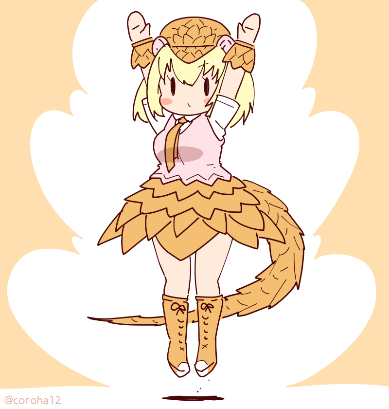 1girl animal_ears arms_up blonde_hair boots brown_background coroha extra_ears full_body giant_pangolin_(kemono_friends) hat jumping kemono_friends looking_at_viewer necktie pangolin_ears pangolin_tail shirt short_hair simple_background skirt solo sweater_vest tail wristband