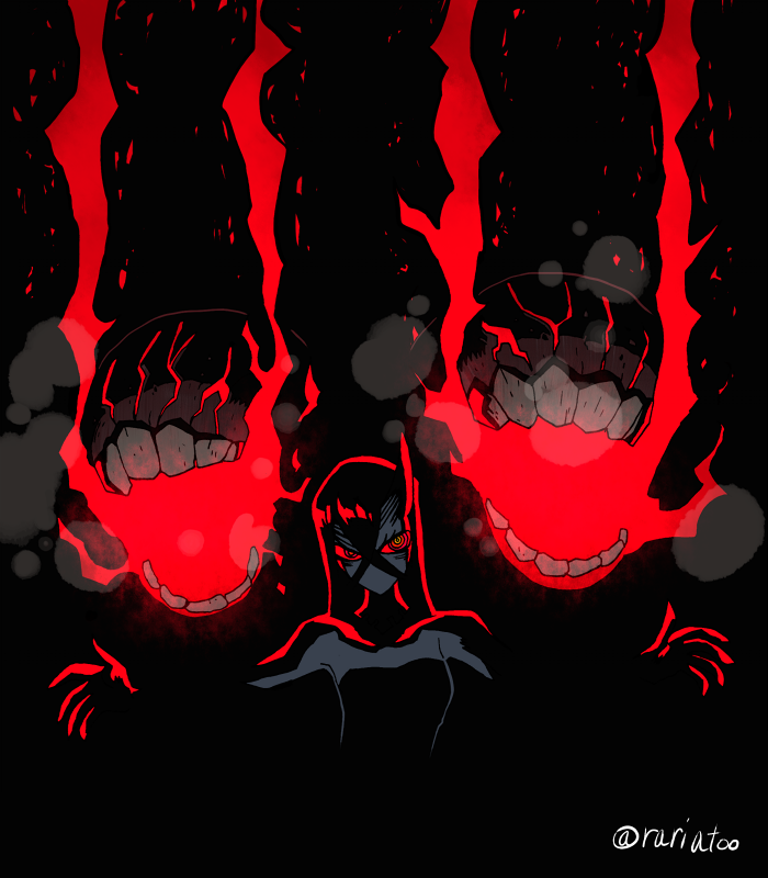1girl battleship_water_oni black_background colored_sclera dark female_focus frown horns kantai_collection looking_at_viewer open_mouth outstretched_arms rariatto_(ganguri) red_sclera red_theme ringed_eyes single_horn solo spread_arms twitter_username upper_body