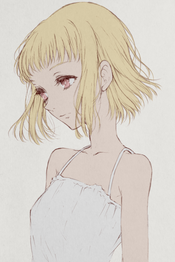 1girl bare_shoulders blonde_hair breasts dress expressionless haruhito_(divineshalt) looking_to_the_side original pink_eyes short_hair simple_background small_breasts solo upper_body white_dress