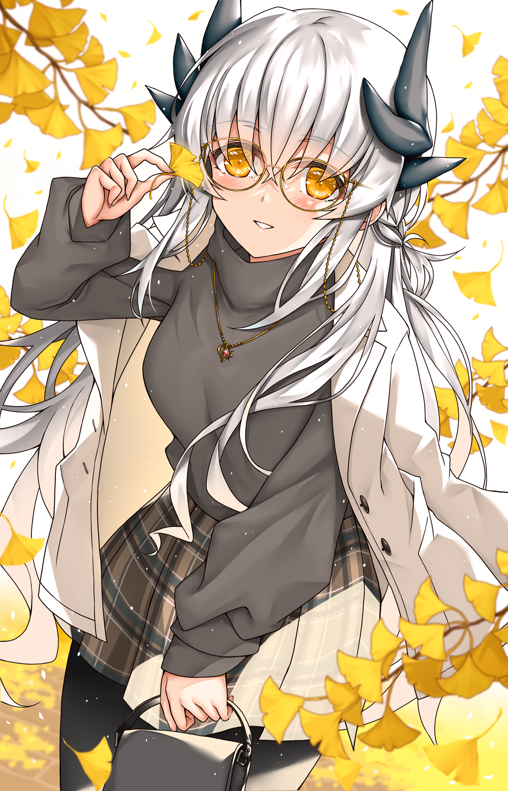 1girl alternate_costume bespectacled black_pantyhose black_sweater dragon_girl dragon_horns fate/grand_order fate_(series) glasses highres horns jacket jacket_on_shoulders kiyohime_(fate) kiyohime_(third_ascension)_(fate) long_hair long_sleeves morizono_shiki multiple_horns pantyhose plaid_clothes plaid_skirt skirt solo sweater white_hair yellow_eyes