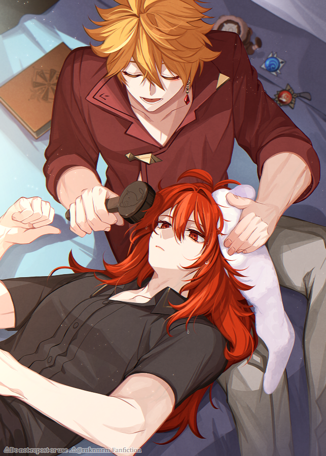 2boys bed black_shirt closed_eyes closed_mouth comb diluc_(genshin_impact) genshin_impact grey_pants hair_between_eyes hiki_yuichi holding holding_comb long_hair long_sleeves lying male_focus multiple_boys open_mouth orange_hair pants red_eyes red_hair red_shirt shirt short_hair smile tartaglia_(genshin_impact) vision_(genshin_impact) yaoi
