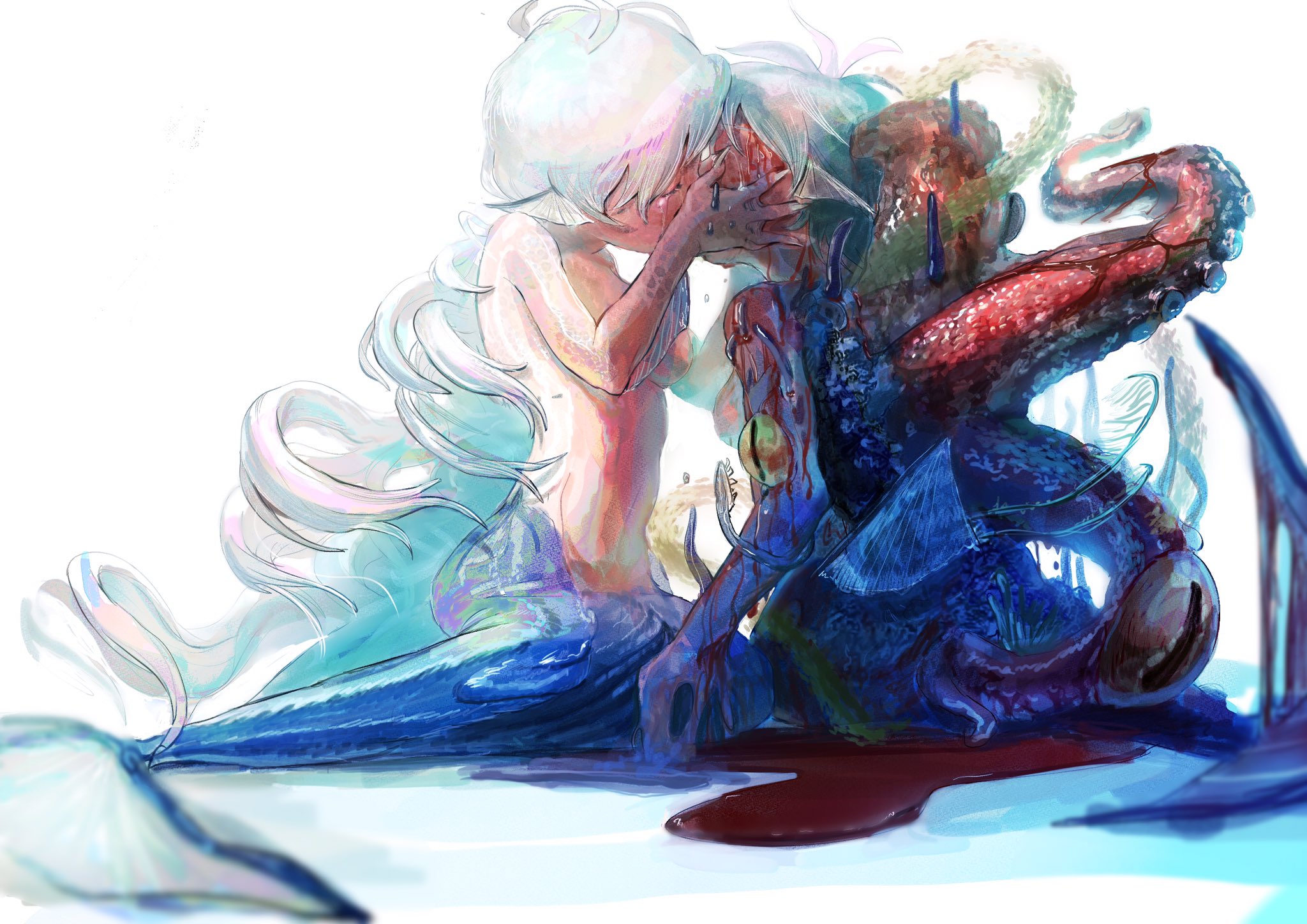2girls aqua_hair arm_fins blood blood_on_face blood_on_ground blue_theme breasts chakotata closed_eyes crying extra_eyes facing_another fins grey_hair hands_on_another's_cheeks hands_on_another's_face hands_up head_fins highres kiss liquid long_hair looking_at_another medium_breasts mermaid monster_girl multiple_girls nude original scylla simple_background sitting tentacles very_long_hair white_background yellow_eyes