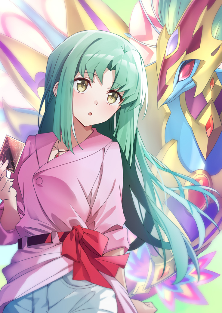 1girl :o ancient_fairy_dragon belt bow brown_eyes card collarbone commentary_request green_hair hand_up holding holding_card jacket jewelry long_hair luca_(yu-gi-oh!) pants parted_bangs parted_lips pendant pink_jacket red_belt red_bow red_eyes tsuezu very_long_hair white_pants yu-gi-oh! yu-gi-oh!_5d&#039;s