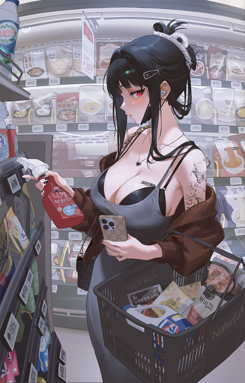 1girl arm_tattoo artist_name bag barcode barcode_tattoo bare_shoulders black_bra black_hair black_mask black_nails bottle bra bra_peek bra_strap breast_tattoo breasts brown_cardigan butterfly_tattoo cardigan cleavage commentary d_(killer_wife)_(nikke) d_(nikke) detergent dongtan_dress dress elbow_carry fingernails folded_ponytail from_side goddess_of_victory:_nikke grey_dress hair_intakes heart heart_necklace highres holding holding_phone jewelry korean_text large_breasts long_hair looking_at_viewer mask mask_lift mask_pull meme_attire mouth_mask nail_polish necklace off_shoulder official_alternate_costume official_alternate_hairstyle pencil_dress phone price_tag red_eyes rucarachi shelf shop shopping shopping_basket shopping_cart shoulder_bag sidelocks sleeveless sleeveless_dress solo spray_bottle supermarket tattoo underwear wireless_earphones