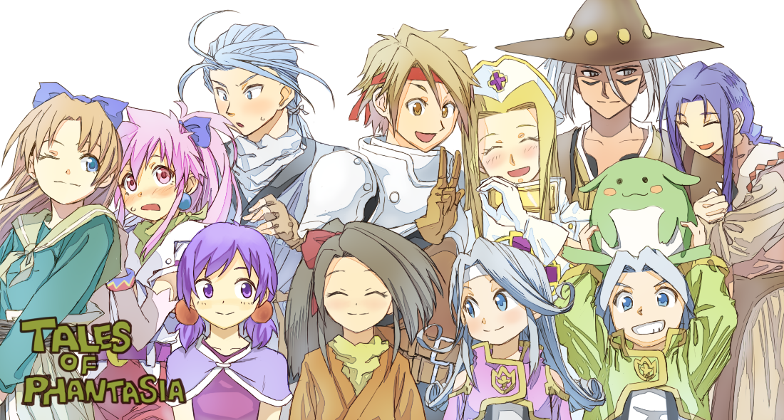 4boys 6+girls amy_barklight arche_klein blonde_hair blush bracelet character_request chester_burklight claus_f._lester closed_mouth cress_albane dio_(tales) earrings fujibayashi_suzu gloves hat jewelry kuruuru long_hair looking_at_viewer medium_hair mel_(tales) milard_rune mint_adenade multiple_boys multiple_girls nurse_cap open_mouth pink_eyes pink_hair ponytail short_hair simple_background smile tales_of_(series) tales_of_phantasia tales_of_phantasia:_narikiri_dungeon tales_of_phantasia:_narikiri_dungeon_x toraneko v white_background wide_ponytail