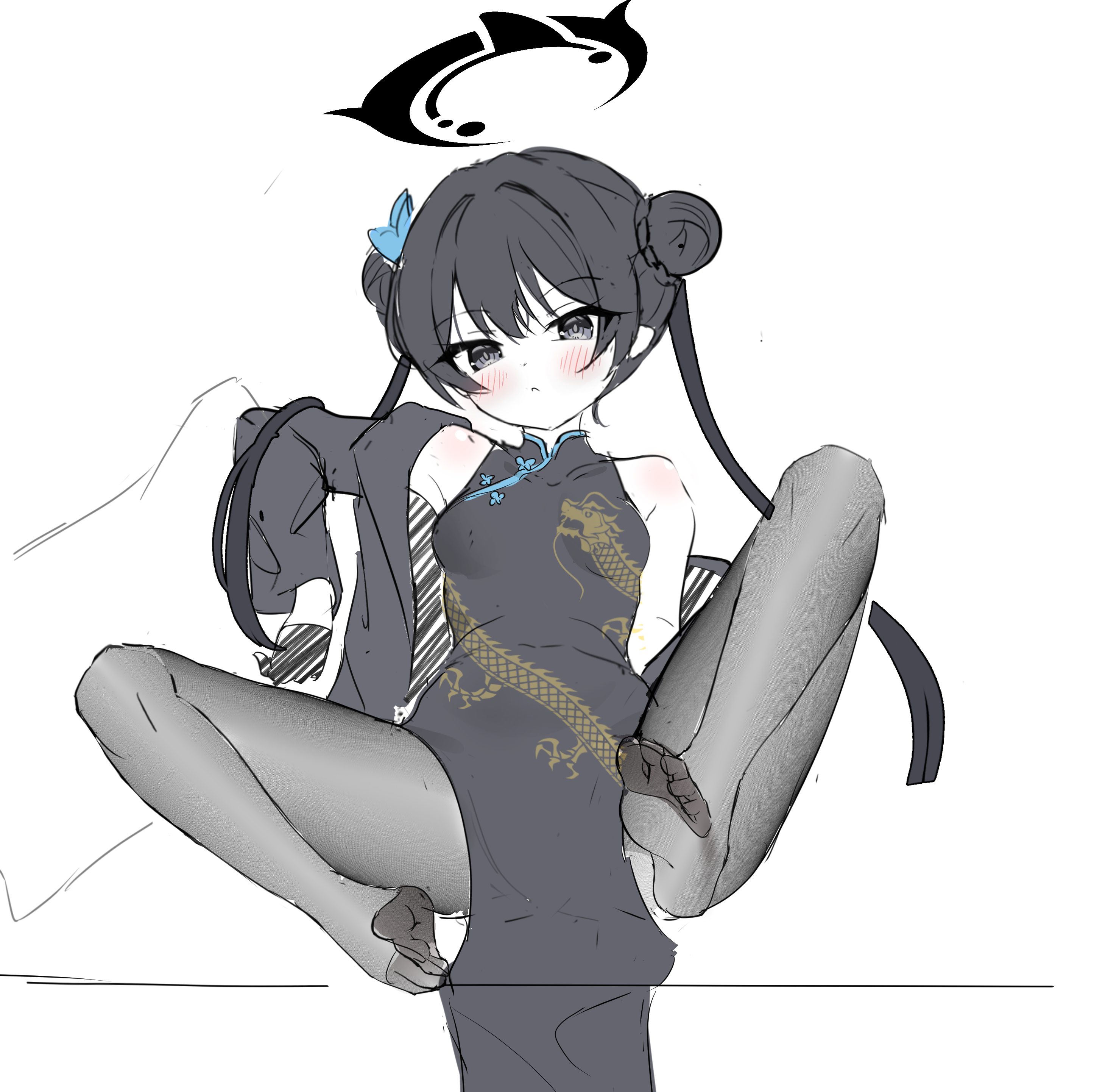 1girl :< absurdres black_dress black_eyes black_gloves black_hair black_halo black_jacket blue_archive blush braid braided_bun breasts butterfly_hair_ornament china_dress chinese_clothes closed_mouth commentary_request double_bun dragon_print dress gloves grey_jacket grey_pantyhose hair_bun hair_ornament halo highres j.j_(66752902) jacket jacket_partially_removed kisaki_(blue_archive) korean_commentary long_hair looking_at_viewer mandarin_collar no_shoes pankou pantyhose pelvic_curtain print_dress reclining shiny_skin simple_background single_bare_shoulder sketch sleeveless sleeveless_dress small_breasts soles solo spread_legs toes twintails unfinished white_background