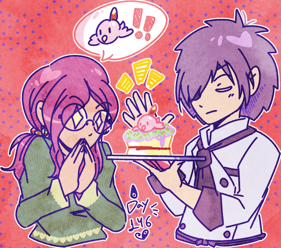beak cake closed_eyes digimon feathers food glasses inoue_miyako owada_rui poromon