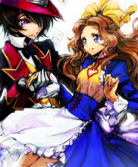 10s 1boy 1girl alice&#039;s_adventures_in_wonderland apron black_hair blue_dress blue_eyes bow brother_and_sister brown_hair c_(rahit) card cleavage_cutout clothing_cutout code_geass code_geass:_nunnally_in_wonderland corset dress floating_card gloves hair_bow hair_ornament hat heart heart_cutout hetero holding_hands jacket lelouch_vi_britannia light_smile long_hair necktie nunnally_vi_britannia playing_card purple_eyes rahit short_dress short_hair siblings unusually_open_eyes vest waist_apron waistcoat white_gloves