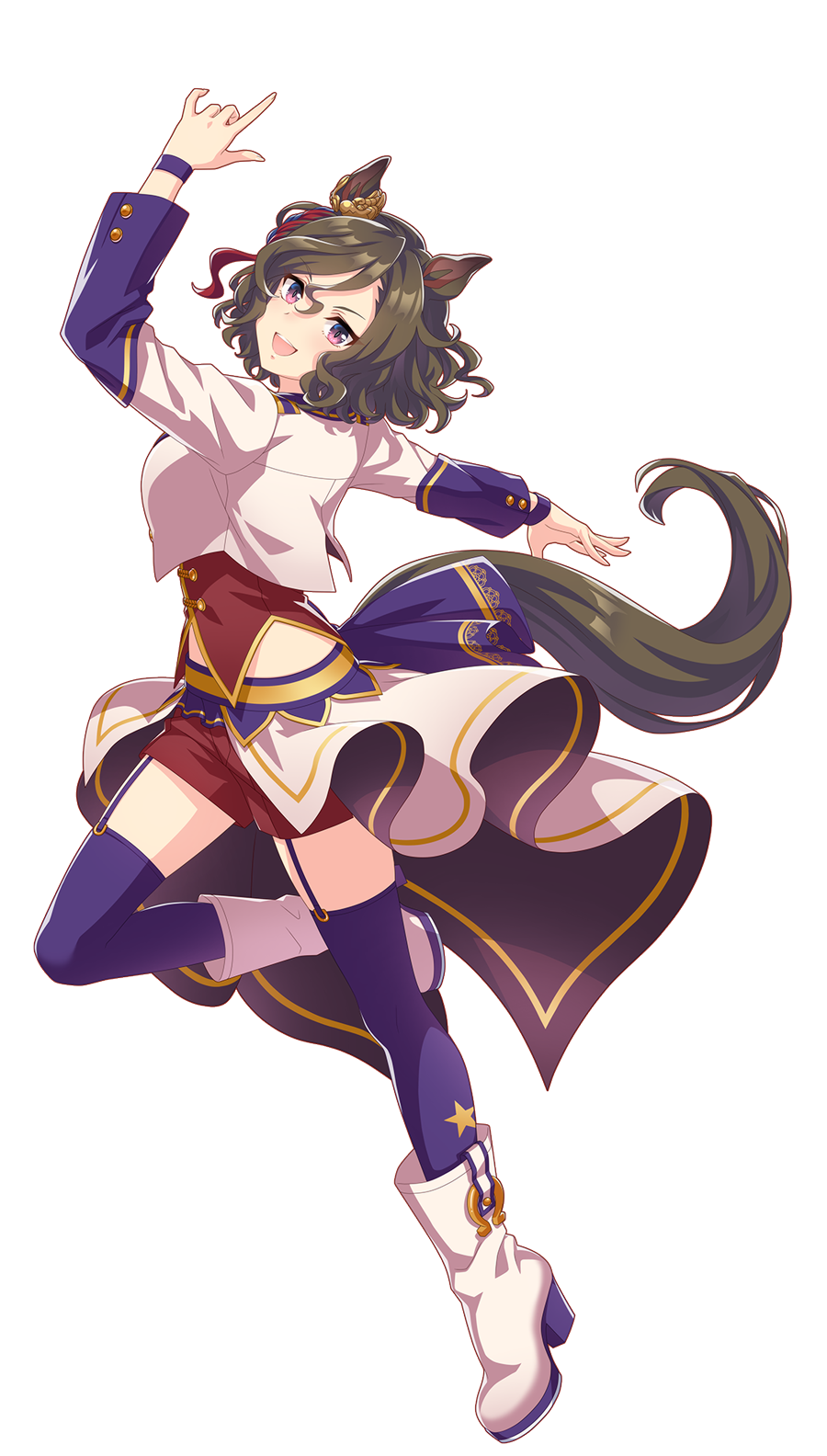 1girl animal_ears arm_up back_ribbon breasts brown_hair ear_ornament full_body hair_between_eyes hair_ornament highres horse_ears horse_girl horse_tail horseshoe horseshoe_ornament leg_up looking_at_viewer medium_hair midriff multicolored_hair official_alternate_costume official_art open_hand open_mouth red_eyes red_hair ribbon shorts smile solo standing standing_on_one_leg star_(symbol) star_print starting_future_(umamusume) streaked_hair tachi-e tail tap_dance_city_(umamusume) teeth thighhighs thighs transparent_background umamusume upper_teeth_only white_footwear wristband