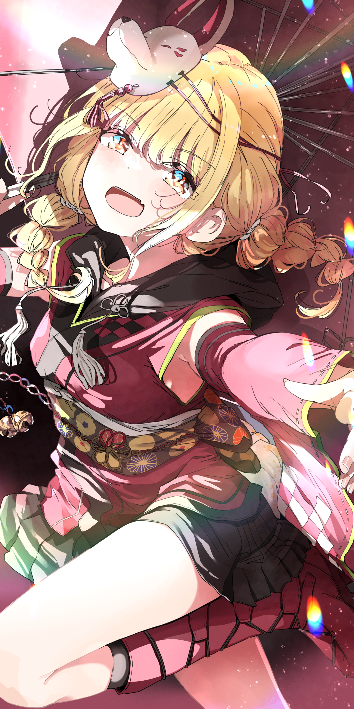 1girl black_skirt blonde_hair blush boots braid breasts detached_sleeves fujita_kotone gakuen_idolmaster hakama hakama_short_skirt hakama_skirt haori highres idolmaster japanese_clothes kimono long_hair long_sleeves looking_at_viewer low_twin_braids nyoijizai obi open_mouth pink_boots pink_kimono print_kimono sash skirt small_breasts smile solo twin_braids wide_sleeves