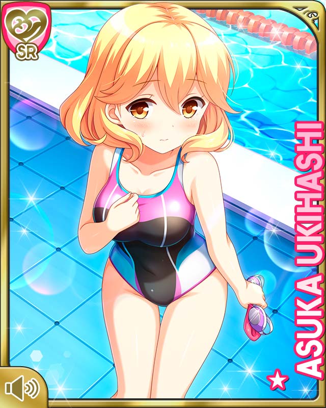 1girl bare_legs barefoot black_one-piece_swimsuit black_ribbon blonde_hair breasts brown_eyes card_(medium) closed_mouth day girlfriend_(kari) hair_ribbon indoor_pool indoors medium_breasts official_art one-piece_swimsuit pool qp:flapper ribbon short_hair solo standing swimsuit tagme ukihashi_asuka