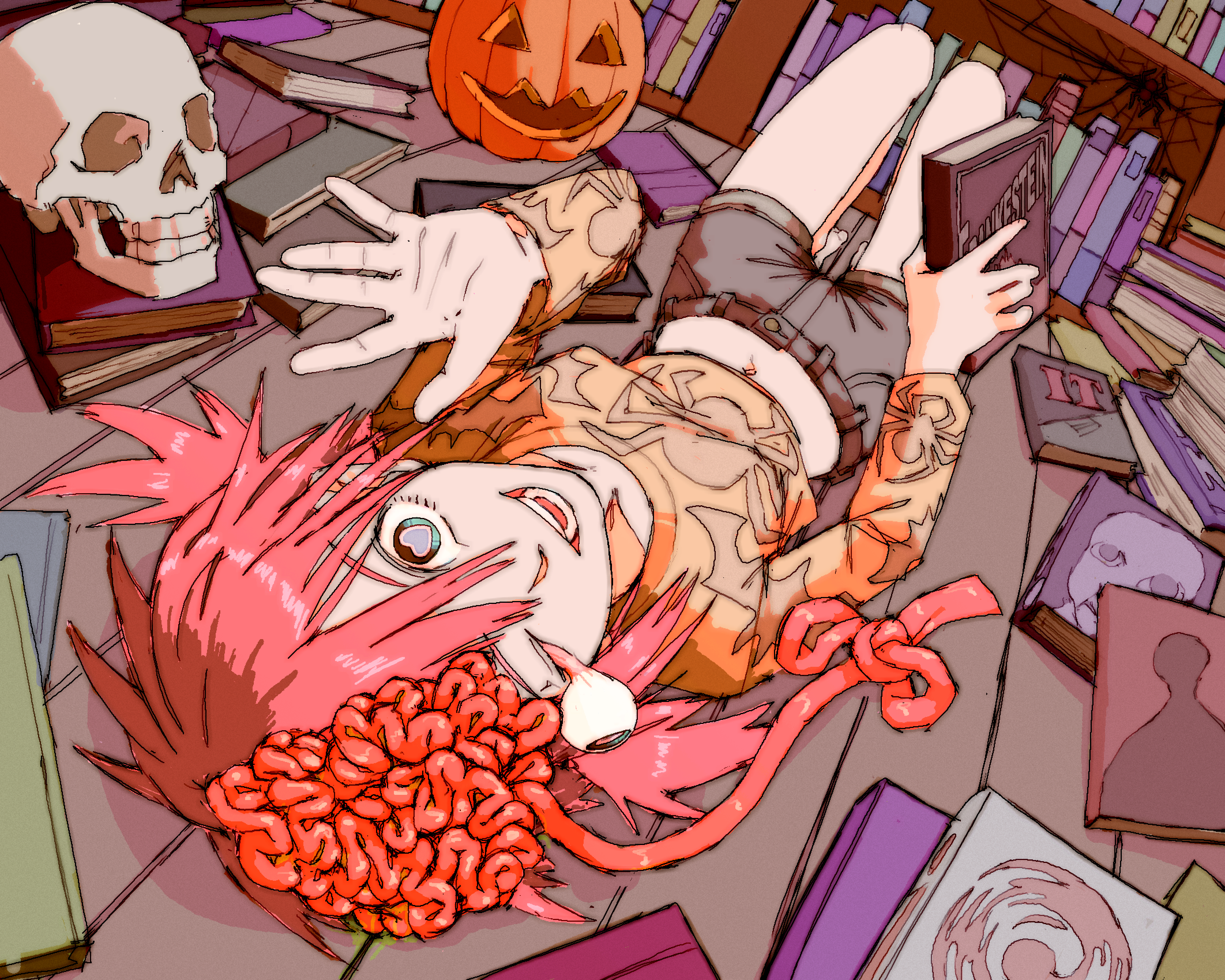1girl absurdres ao_oni book brain breasts chainsaw_man cosmo_(chainsaw_man) dangling_eye exposed_brain eyebrows_hidden_by_hair full_body grey_shorts heart heart-shaped_pupils highres holding holding_book jack-o'-lantern midriff navel open_mouth orange_shirt pantsu-ripper red_hair shirt short_twintails shorts silk skull small_breasts smile solo spider_web symbol-shaped_pupils the_oni_(ao_oni) twintails