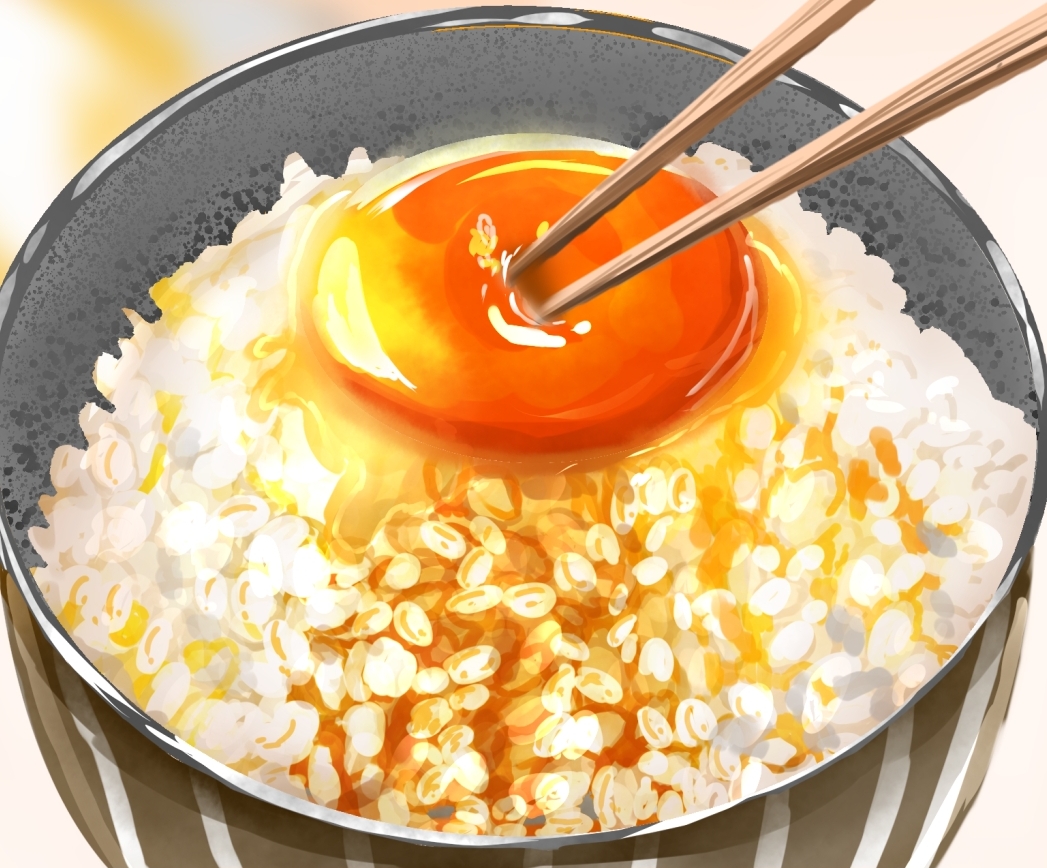 bowl chopsticks egg_yolk food food_focus mofumofu0311 no_humans original raw_egg rice_bowl sauce simple_background tamagokake_gohan white_background