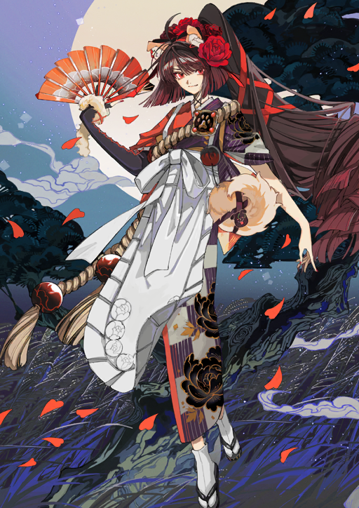 1girl ahoge animal_ear_fluff animal_ears apron arm_at_side black_gloves blunt_bangs blunt_ends brown_hair closed_mouth cross-laced_clothes cross-laced_gloves dog_ears dog_tail elbow_gloves endo_(takolegs) fake_animal_ears fake_tail fate/grand_order fate_(series) fingerless_gloves fingernails floating_hair flower folding_fan full_body game_cg gloves hair_flower hair_ornament hair_ribbon hand_fan hand_up high_ponytail holding holding_fan japanese_clothes kimono kyokutei_bakin_(fate) kyokutei_bakin_(first_ascension)_(fate) long_hair looking_at_viewer official_art paw_print ponytail print_kimono red_eyes red_flower red_nails red_petals red_ribbon ribbon rope sandals short_sleeves single_glove smile socks solo tabi tail tassel tasuki third-party_source variant_set waist_apron white_apron white_socks zouri