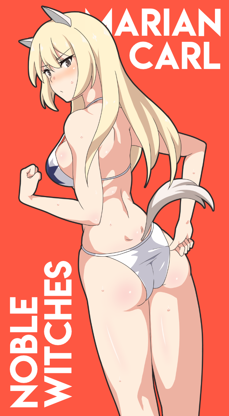 1girl adjusting_clothes adjusting_swimsuit animal_ears ass bad_id bad_pixiv_id bikini blonde_hair blush breasts brown_eyes butt_crack clenched_hand female_focus highres horse_ears horse_tail horseback_riding large_breasts looking_at_viewer looking_back marian_e._carl medium_hair moskva noble_witches red_background riding simple_background solo strike_witches sweat swimsuit tail white_bikini world_witches_series