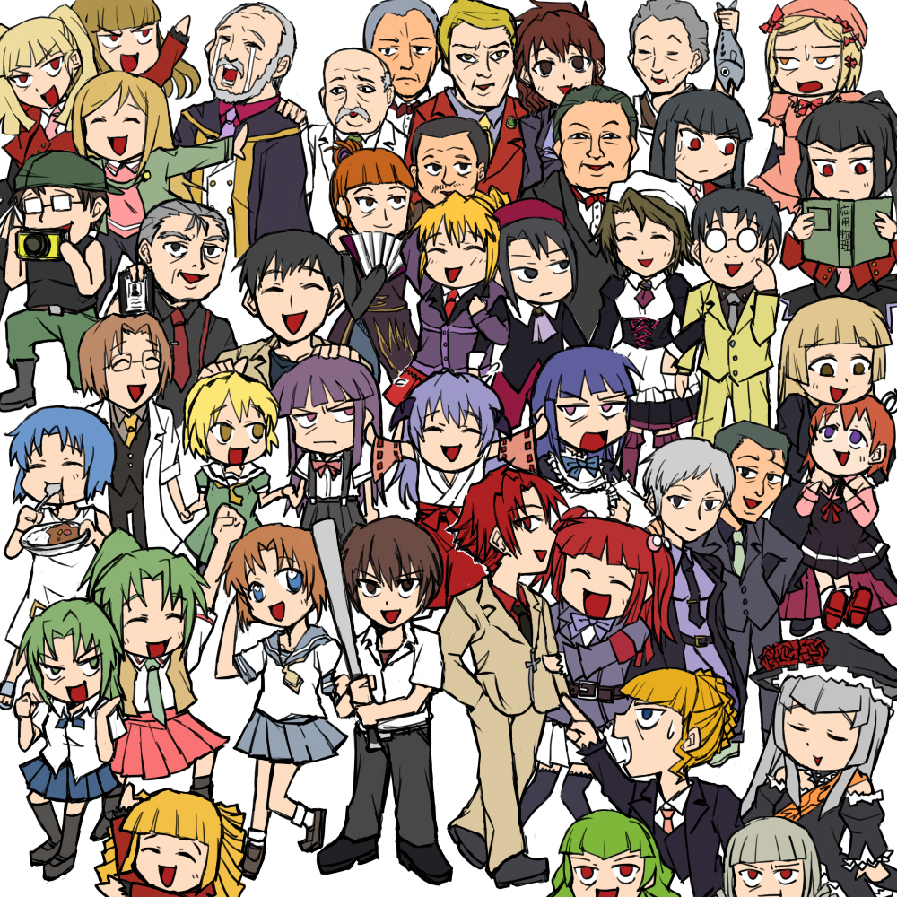 00s 07th_expansion 6+boys 6+girls absolutely_everyone akasaka_mamoru angry animal_ears asmodeus_(umineko) baseball_bat beatrice_(umineko) beelzebub_(umineko) belphegor_(umineko) black_hair blonde_hair blue_eyes blue_hair book bow brown_eyes brown_hair camera chie_rumiko chiester410 chiester45 chiester_sisters choker closed_eyes couple crossover curry dress drill_hair eva_beatrice everyone fish food formal_clothes frederica_bernkastel frills furude_rika glasses gloves gouda_toshirou green_eyes green_hair hair_bobbles hair_ornament hand_fan hanyuu happy hat hetero higurashi_no_naku_koro_ni horns houjou_satoko in-franchise_crossover irie_kyousuke japanese_clothes kanon_(umineko) lambdadelta leviathan_(umineko) long_hair lucifer_(umineko) maebara_keiichi maid mammon_(umineko) multiple_boys multiple_girls no_naku_koro_ni_(series) ooishi_kuraudo pantyhose ponytail purple_eyes purple_hair red_eyes red_hair rifyu ronoue_genji ronove_(umineko) ryuuguu_rena sash satan_(umineko) school_uniform shannon_(umineko) short_hair siblings silver_hair sisters skirt smile sonozaki_mion sonozaki_shion stakes_of_purgatory suit sweat takano_miyo tears thighhighs tomitake_jirou twins twintails umineko_no_naku_koro_ni ushiromiya_ange ushiromiya_battler ushiromiya_eva ushiromiya_george ushiromiya_hideyoshi ushiromiya_jessica ushiromiya_kinzou ushiromiya_krauss ushiromiya_kyrie ushiromiya_maria ushiromiya_natsuhi ushiromiya_rosa ushiromiya_rudolf virgilia_(umineko) zettai_ryouiki