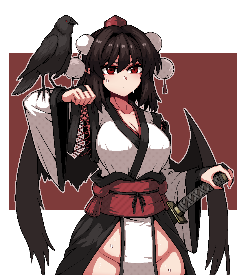 1girl animal animal_on_arm bird bird_on_arm bird_wings black_hair black_wings breasts cleavage closed_mouth collarbone crow feathered_wings formicid groin hair_between_eyes hat japanese_clothes katana kourindou_tengu_costume large_breasts long_sleeves obi red_eyes red_hat sash shameimaru_aya sheath sheathed short_hair solo sword tokin_hat touhou upper_body weapon wide_sleeves wings