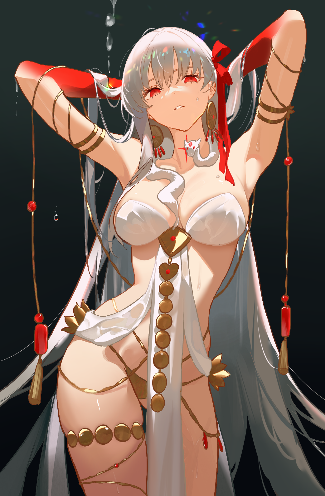1girl armlet armpits arms_behind_head arms_up bare_shoulders belly_chain blush body_markings bracelet breasts cherrymaru cleavage colored_skin dress durga_(fate) durga_(first_ascension)_(fate) earrings fate/grand_order fate_(series) gradient_skin grey_hair hair_ribbon highres jewelry large_breasts long_hair looking_at_viewer parted_lips pelvic_curtain red_eyes red_skin revealing_clothes ribbon sash snake solo thighs thumb_ring very_long_hair white_dress