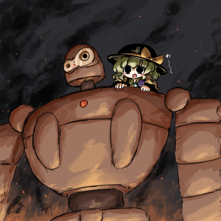 1girl black_eyes black_headwear blouse blush bow buttons carrying crossover diamond_button eyeball frilled_shirt_collar frilled_sleeves frills hat hat_bow hat_ribbon heripantomorrow komeiji_koishi laputa_robot light_green_hair long_sleeves mecha medium_hair open_mouth ribbon robot shirt shoulder_carry sidelocks smile steam tenkuu_no_shiro_laputa third_eye touhou upper_body wavy_hair wide_sleeves yellow_bow yellow_ribbon yellow_shirt