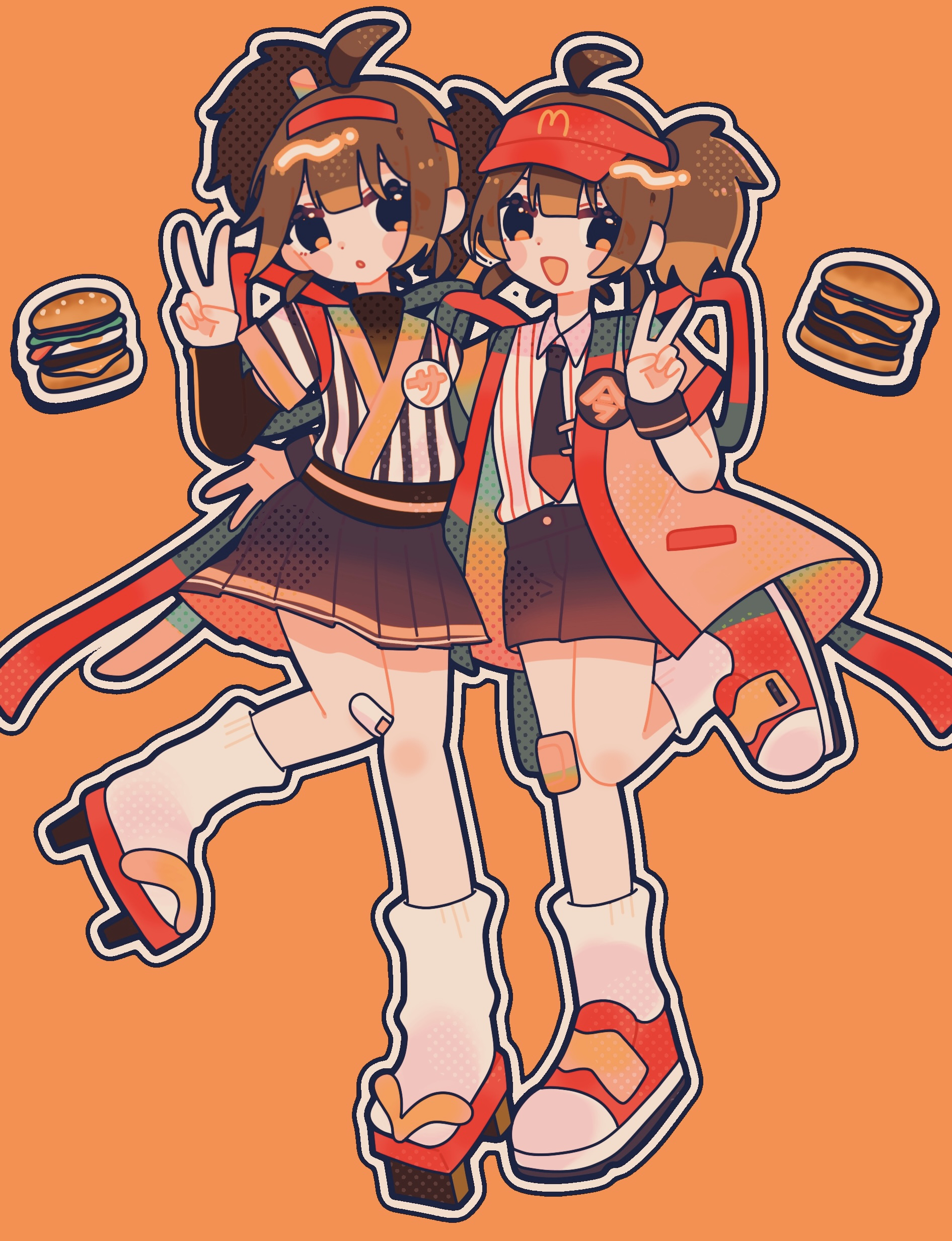 2girls :o absurdres arm_around_waist back_bow badge bandaid bandaid_on_knee bandaid_on_leg black_eyes black_necktie black_shorts black_sleeves blue_shirt blue_skirt bow brown_hair burger button_badge commentary detached_sleeves employee_uniform fast_food_uniform food geta hair_tie hat headband headset highres imadake_dabuchi_tabemi leg_up looking_at_viewer loose_socks mcdonald's miniskirt multiple_girls necktie okayu_(cwtv7823) open_mouth orange_background outline pleated_skirt red_hat red_headband red_shoes samurai_tamago_tabemi shirt shoes short_hair shorts side-by-side skirt smile sneakers socks standing standing_on_one_leg striped_clothes striped_shirt tasuki tie_clip topknot twintails v vertical-striped_clothes vertical-striped_shirt visor_cap white_outline white_shirt white_socks wristband yellow_happi