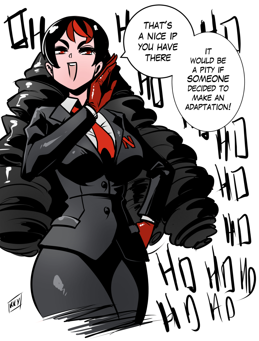 1girl black_hair black_jacket black_pants commentary cowboy_shot cropped_legs drill_hair english_commentary english_text gloves jacket kukuruyo long_hair multicolored_hair necktie netflix office_lady ojou-sama_pose open_mouth original pants personification red_gloves red_hair red_necktie signature smile solo two-tone_hair v-shaped_eyebrows very_long_hair