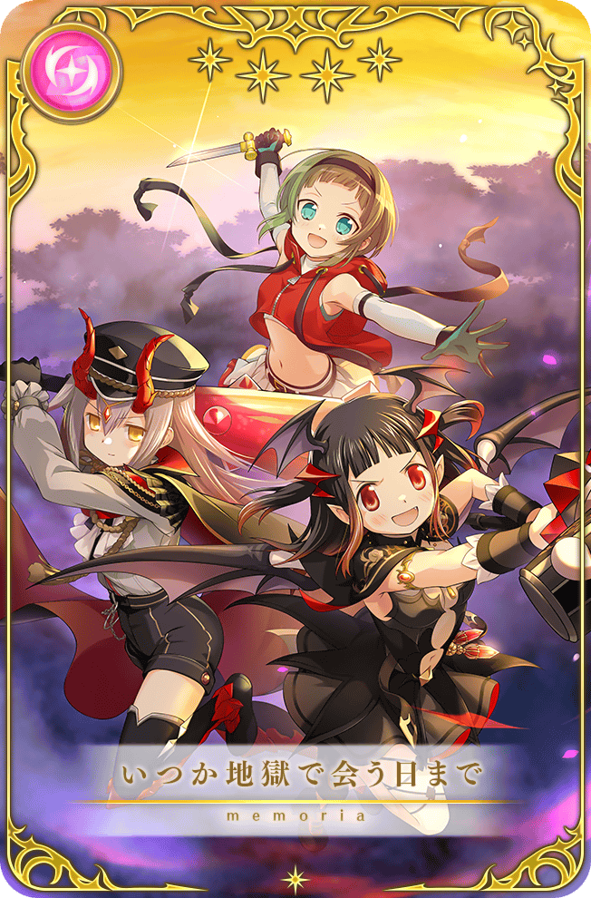 3girls aqua_eyes aqua_gloves ascot bare_shoulders baseball_bat bat_wings black_boots black_cape black_capelet black_gloves black_hair black_hairband black_hat black_shoes black_shorts black_thighhighs black_wings black_wrist_cuffs blunt_bangs boots cape capelet card_(medium) center_opening circle_skirt circlet cloud collared_cape collared_dress colored_tips crop_top cropped_jacket dagger demon_horns detached_sleeves determined dot_nose dress empty_eyes fake_horns fake_wings fighting_stance floating_clothes floating_hair frilled_wrist_cuffs frills full_body game_cg gem gleam gloves gold_armlet green_hair grey_hair grey_shirt hair_between_eyes hairband happy hat head_wings high-waist_shorts high_collar holding holding_baseball_bat holding_dagger holding_knife holding_weapon hood hood_down hooded_jacket horns jacket jitome knife kozakura_(dictionary) kureha_yuna kureha_yuna_(vampire_ver.) light_blush light_particles long_hair long_sleeves looking_at_viewer magia_record:_mahou_shoujo_madoka_magica_gaiden magic mahou_shoujo_madoka_magica midriff miniskirt multicolored_hair multiple_girls navel official_alternate_costume official_art ooba_juri ooba_juri_(vampire_ver.) open_mouth orange_hair outdoors outstretched_arm over_shoulder peaked_cap picture_frame pleated_skirt pointy_ears red_cape red_eyes red_gemstone red_horns red_jacket shirt shoes short_dress short_hair shorts skirt sky sleeveless sleeveless_jacket sleeveless_shirt smile star_(symbol) sunset suzuka_sakuya tareme thigh_strap thighhighs translated tree turtleneck turtleneck_shirt two-sided_cape two-sided_fabric v-shaped_eyebrows weapon weapon_over_shoulder white_ascot white_shirt white_skirt winged_shoes wings wrist_cuffs yellow_eyes yellow_sky