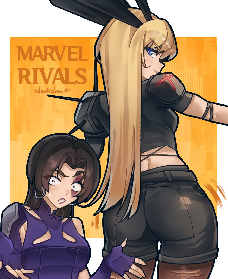 2girls ass black_hair breasts derkdrew124 elbow_gloves gloves holding holding_sword holding_weapon jewelry long_hair looking_at_viewer magik_(x-men) marvel marvel_rivals multiple_girls psylocke psylocke_(vengeance) sash superhero_costume sword weapon x-men