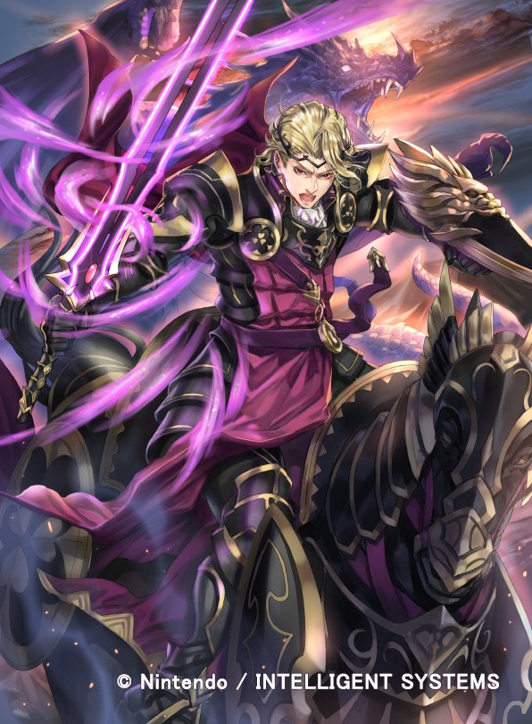 1boy armor armored_boots blonde_hair boots cape cloud copyright_name dragon fangs fire_emblem fire_emblem_cipher fire_emblem_fates gloves kuroba.k male_focus nintendo official_art open_mouth red_eyes shield sky sword teeth tiara weapon xander_(fire_emblem)
