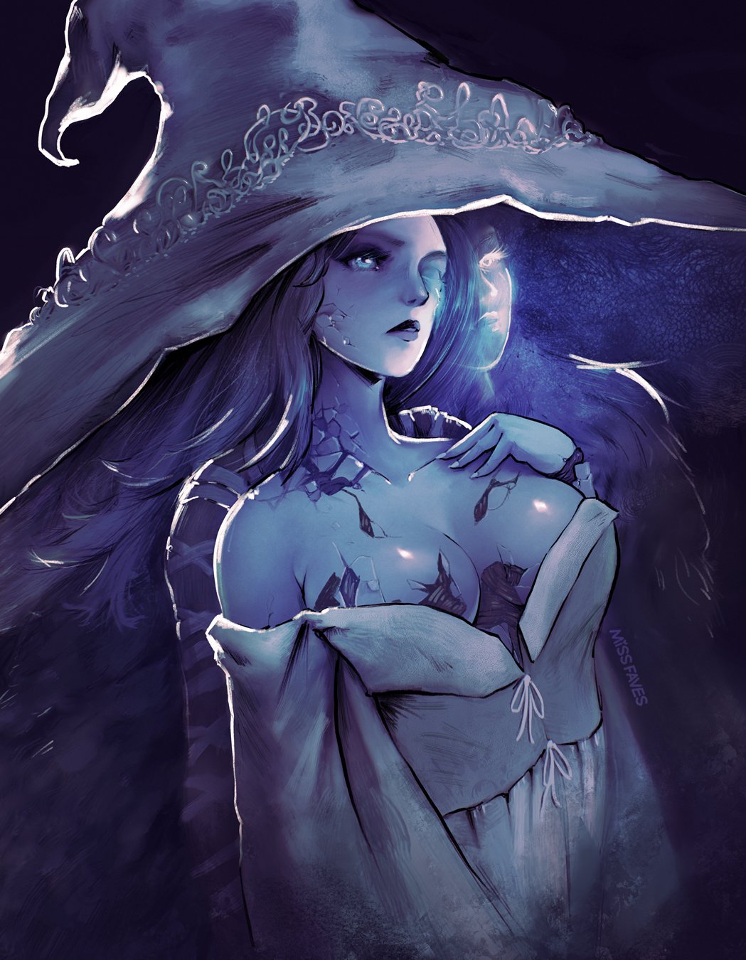 1girl blue_eyes blue_hair blue_skin breasts cloak closed_mouth colored_skin cracked_skin doll_joints dress elden_ring extra_arms extra_faces fur_cloak hat highres joints large_hat long_hair miss_faves one_eye_closed ranni_the_witch solo white_dress witch witch_hat