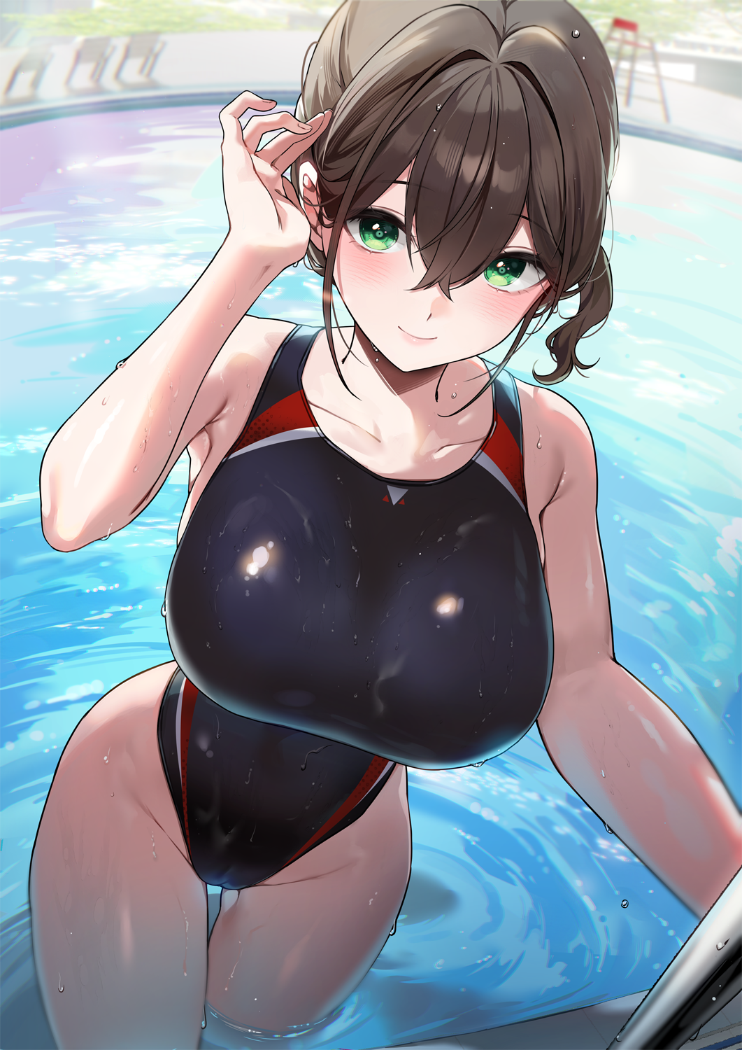 1girl bare_shoulders black_hair black_one-piece_swimsuit blush breasts brown_hair closed_mouth commentary commission competition_swimsuit gijang green_eyes hair_between_eyes highleg highleg_one-piece_swimsuit highres large_breasts looking_at_viewer one-piece_swimsuit original outdoors pixiv_commission pool smile solo standing swimsuit thighs wet