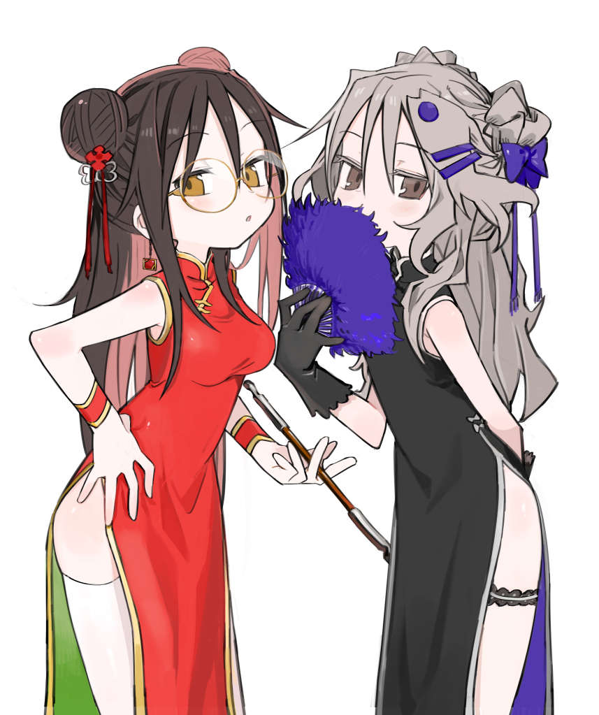 2girls agoshi_sakina arm_behind_back black_dress black_gloves black_hair bow breasts brown_eyes china_dress chinese_clothes covering_own_mouth cowboy_shot double_bun dress earrings fan_to_mouth fish_hair_ornament floating_earring folding_fan glasses gloves grey_hair hair_bow hair_bun hair_ornament hairclip half-closed_eyes hand_fan hand_on_own_hip holding holding_fan holding_smoking_pipe impossible_clothes impossible_dress jewelry kiseru kokaki_mumose large_breasts leaning_forward long_dress long_hair looking_at_viewer mandarin_collar multiple_girls null-meta purple_bow red_dress round_eyewear side_slit side_up_bun simple_background sleeveless sleeveless_dress smoking_pipe souen_chiaki standing thigh_strap thighhighs white_background white_thighhighs yellow_eyes
