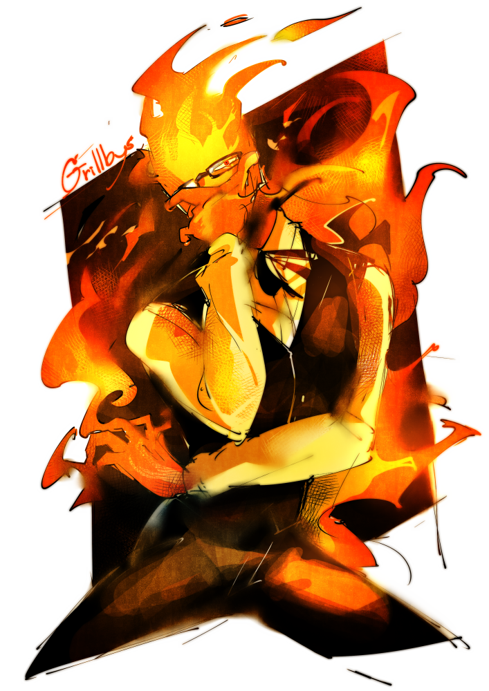 1boy black-framed_eyewear black_pants black_ribbon black_vest bow bowtie character_name collared_shirt cropped_legs dress_shirt fire glasses grillby hand_on_own_face jojo_pose legs_apart long_sleeves looking_at_viewer male_focus neko_ni_chikyuu one_eye_covered pants red_eyes ribbon shirt sketch solo undertale vest white_background white_shirt