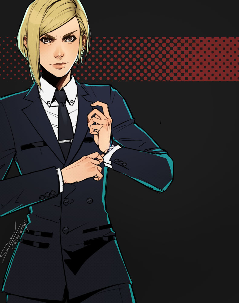 1girl asymmetrical_bangs black_background black_jacket black_necktie black_pants black_suit blonde_hair brown_eyes collared_shirt commentary determined dress_shirt earrings elena_(ff7) english_commentary final_fantasy final_fantasy_vii final_fantasy_vii_remake formal_clothes hands_up jacket jewelry light_smile necktie pants shirt short_hair signature solo stud_earrings suit suit_jacket tie_clip toherrys turks_(ff7) upper_body white_shirt