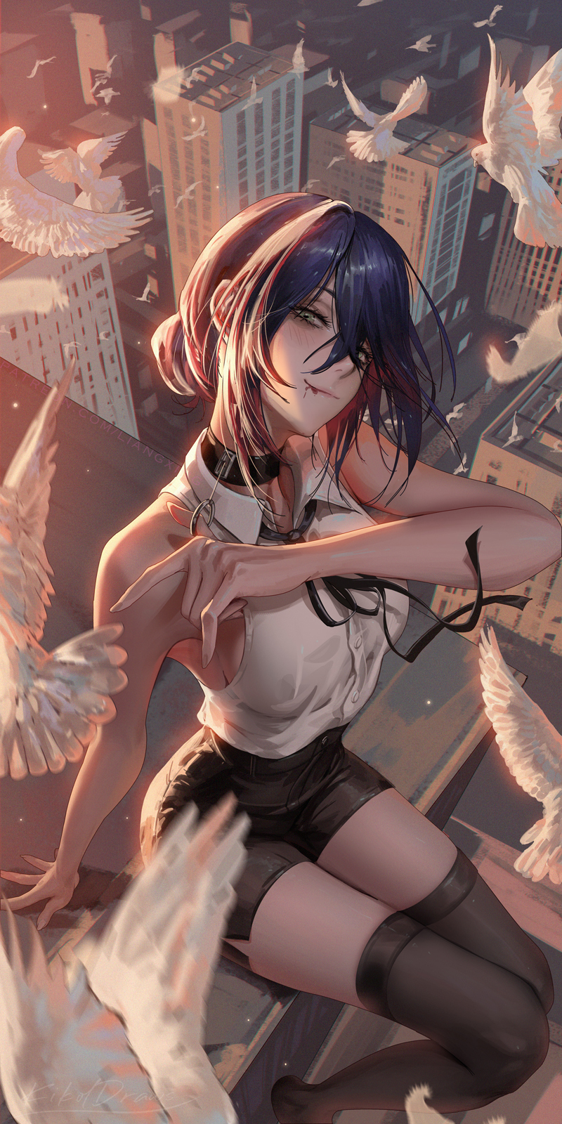 1girl bare_shoulders bird black_hair chainsaw_man highres liang_xing outdoors ponytail reze_(chainsaw_man) shirt short_pants sleeveless sleeveless_shirt smile solo white_shirt