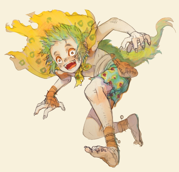 2013 ankle_wrap attack barefoot claws crazy_eyes fangs feet feral_child final_fantasy final_fantasy_vi fingernails gau green_hair green_shorts jumping long_hair open_mouth ponytail prema-ja sack sharp_teeth shawl shorts spots teeth toenails topless_male