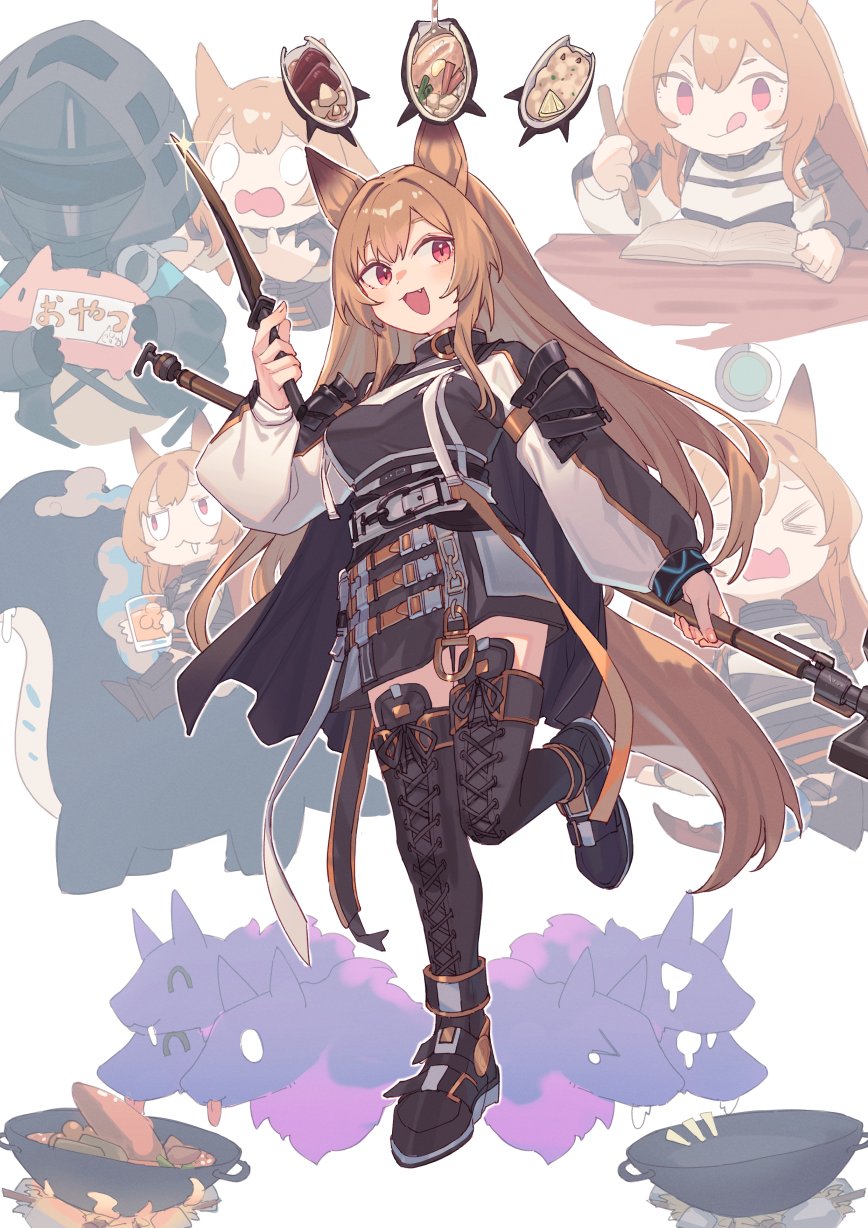 &gt;_&lt; 1boy 1girl :d :p :q animal_ears arknights belt black_boots black_cape book boots breasts cape ceobe_(arknights) cerberus cup doctor_(arknights) dog_ears dog_girl dog_tail drinking_glass drooling fang food food_request full_body highres holding holding_knife holding_staff hood hood_up hooded_jacket jacket knife large_breasts long_hair long_sleeves looking_at_viewer open_book open_mouth pencil peroncho piggy_bank puffy_long_sleeves puffy_sleeves red_eyes sad smile staff tail teardrop thigh_boots tongue tongue_out tri-maw_(arknights) wok