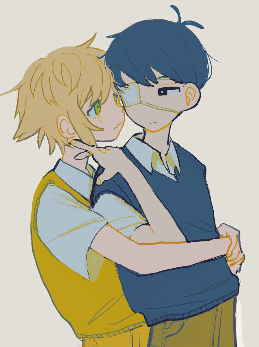 2boys alternate_eye_color basil_(faraway)_(omori) basil_(omori) black_eyes black_hair black_sweater_vest blonde_hair bright_pupils brown_pants closed_mouth collared_shirt eyepatch green_eyes green_sweater_vest highres hug hug_from_behind looking_at_another male_focus multiple_boys pants shirt short_hair short_sleeves simple_background spoilers sunny_(omori) sweater_vest tate_ware_anal wavy_mouth white_pupils white_shirt