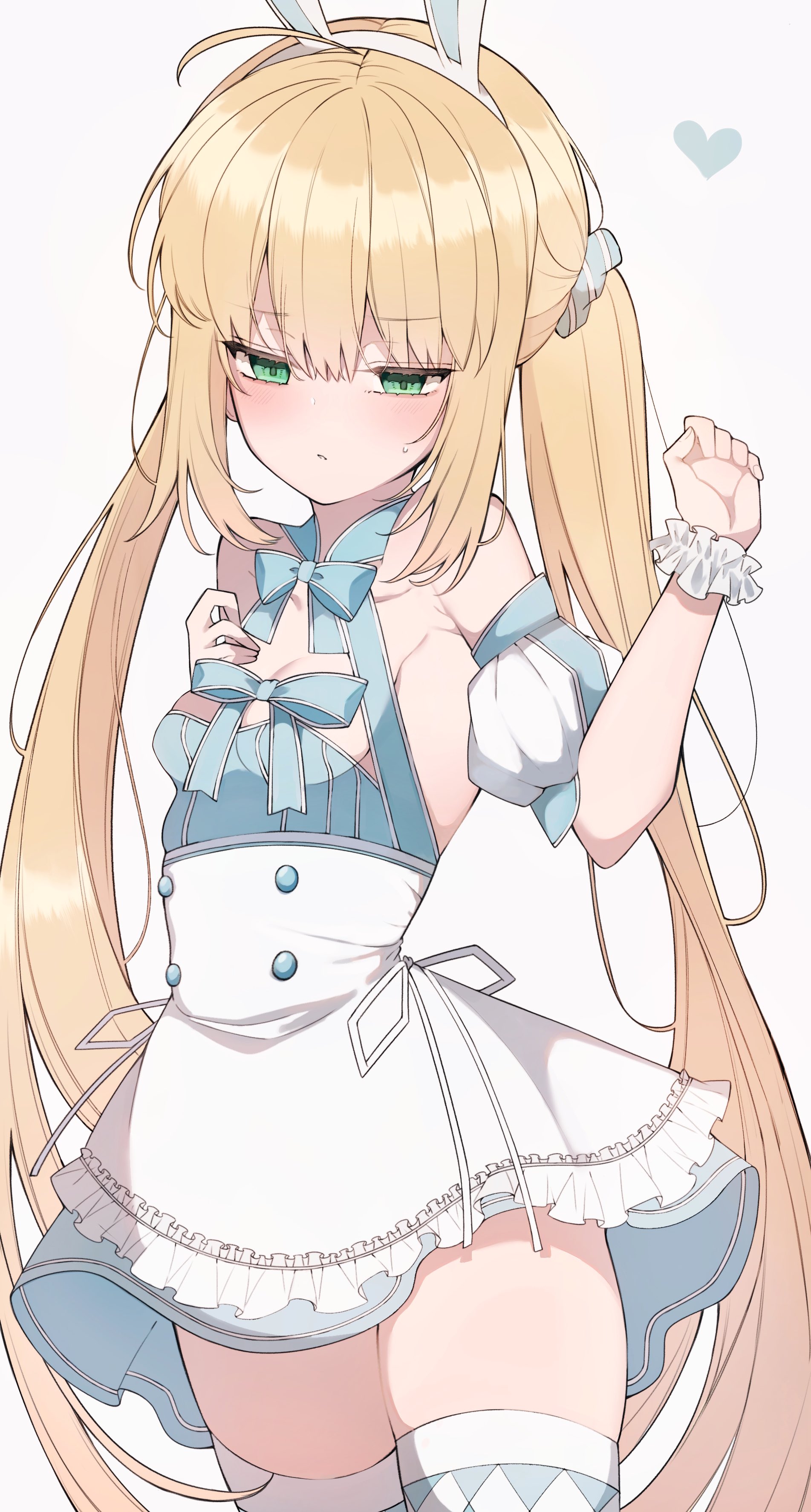 1girl absurdres ahoge animal_ears argyle_clothes argyle_thighhighs artoria_caster_(fate) artoria_caster_(swimsuit_berserker)_(fate) artoria_caster_(swimsuit_berserker)_(second_ascension)_(fate) artoria_pendragon_(fate) bare_shoulders blonde_hair blue_dress blue_thighhighs blush breasts dress fake_animal_ears fate/grand_order fate_(series) green_eyes hairband highres long_hair looking_at_viewer mati5572 puffy_short_sleeves puffy_sleeves rabbit_ears short_sleeves skirt small_breasts solo striped_clothes striped_thighhighs thighhighs thighs twintails white_skirt