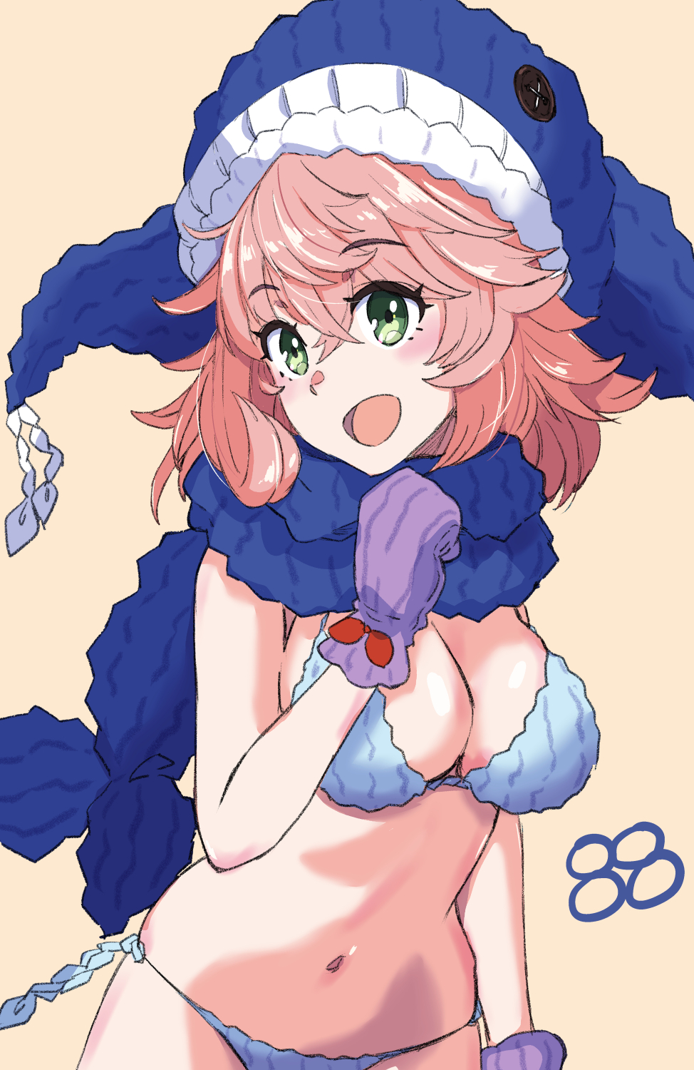 1girl :d alternate_costume bikini blue_bikini blue_scarf blush bow breasts cleavage cowboy_shot crossed_bangs glove_bow gloves green_eyes hair_between_eyes highres jack_(wkm74959) large_breasts looking_at_viewer medium_hair navel okunoda_miyoi open_mouth pink_hair purple_gloves red_bow scarf simple_background smile solo swimsuit touhou whale_hat yellow_background