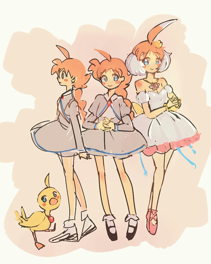 4girls ahiru_(duck)_(princess_tutu) ahiru_(princess_tutu) ahoge animal ballet ballet_slippers bare_shoulders bird black_shoes blue_eyes blush_stickers closed_mouth crown dress duck en_pointe freckles full_body height_difference huge_ahoge mary_janes mini_crown multiple_girls multiple_persona no_nose orange_hair own_hands_clasped own_hands_together pink_background pink_shoes princess_tutu princess_tutu_(character) shoes sketch sunhe7 white_dress