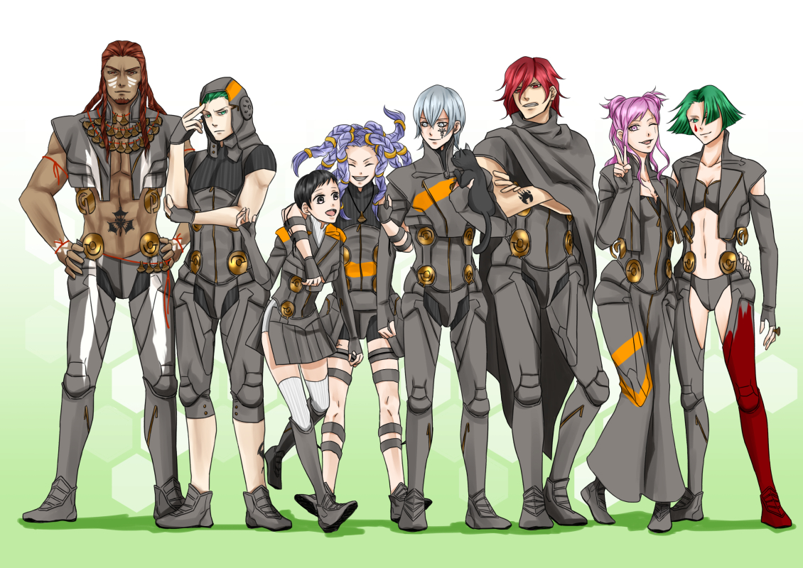3girls 5boys argilla black_eyes black_hair breasts cat cielo_(dds) cleavage closed_eyes digital_devil_saga facial_mark gale_(dds) green_eyes green_hair grey_eyes grey_hair heat_(dds) jinana lupa multiple_boys multiple_girls pink_eyes pink_hair purple_hair red_eyes red_hair schrodinger_(dds) sera serph shin_megami_tensei smile tattoo
