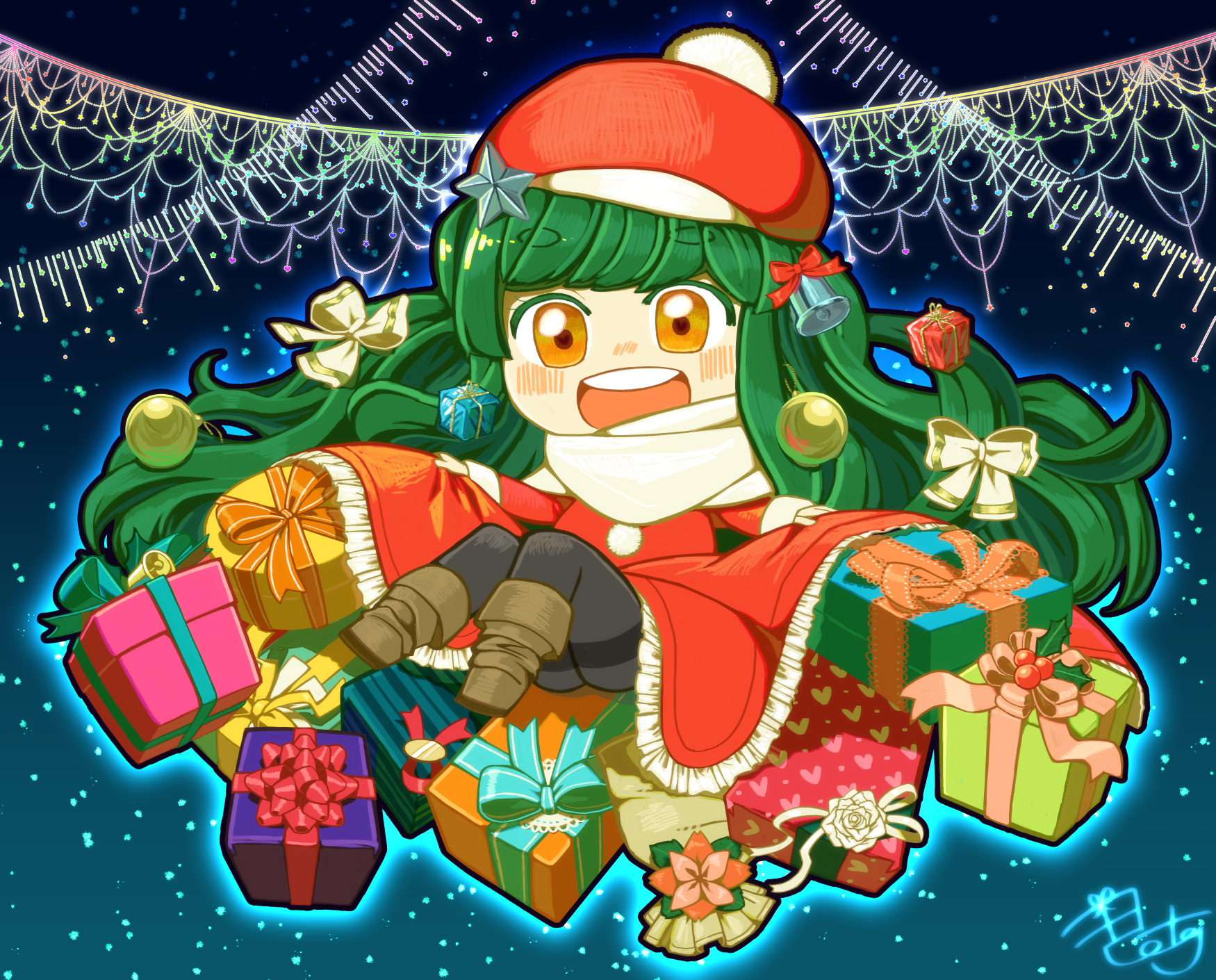 1girl :d bell black_pantyhose box christmas christmas_ornaments christmas_present coat curly_hair gift gift_box green_hair hat highres long_hair night night_sky open_mouth orange_eyes original pantyhose pose_request potg_(piotegu) red_coat red_hat ribbon santa_costume scarf sky smile solo star_(sky) star_(symbol) starry_sky tam_o'_shanter very_long_hair white_ribbon winter_clothes winter_coat