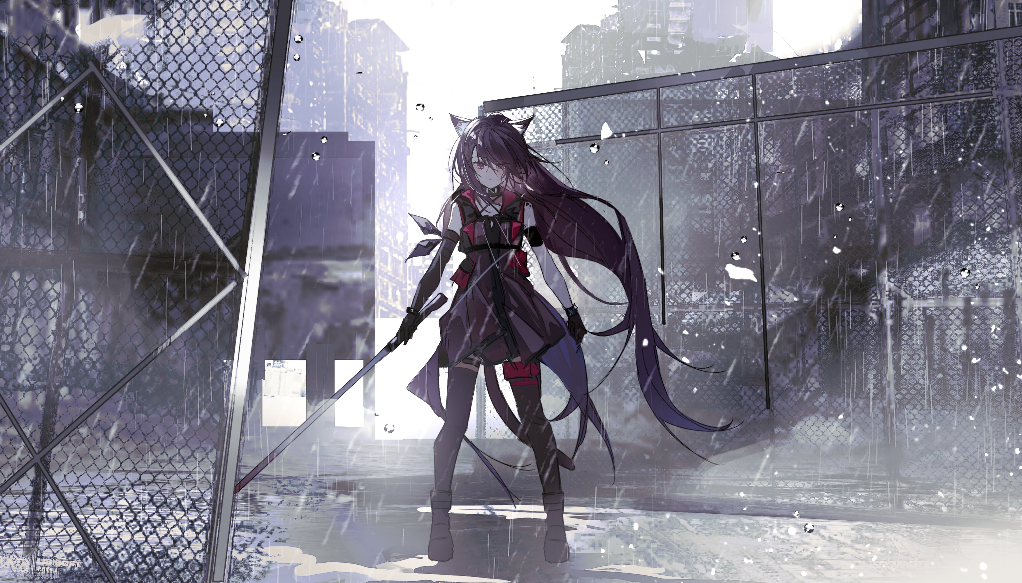 1girl absurdres animal_ears arknights axleaki black_gloves black_shoes black_thighhighs cat_ears cat_girl cat_tail dress elbow_gloves full_body gloves highres holding holding_sword holding_weapon long_hair looking_at_viewer melantha_(arknights) purple_dress purple_eyes purple_hair rain shoes single_elbow_glove solo standing sword tail thighhighs very_long_hair weapon