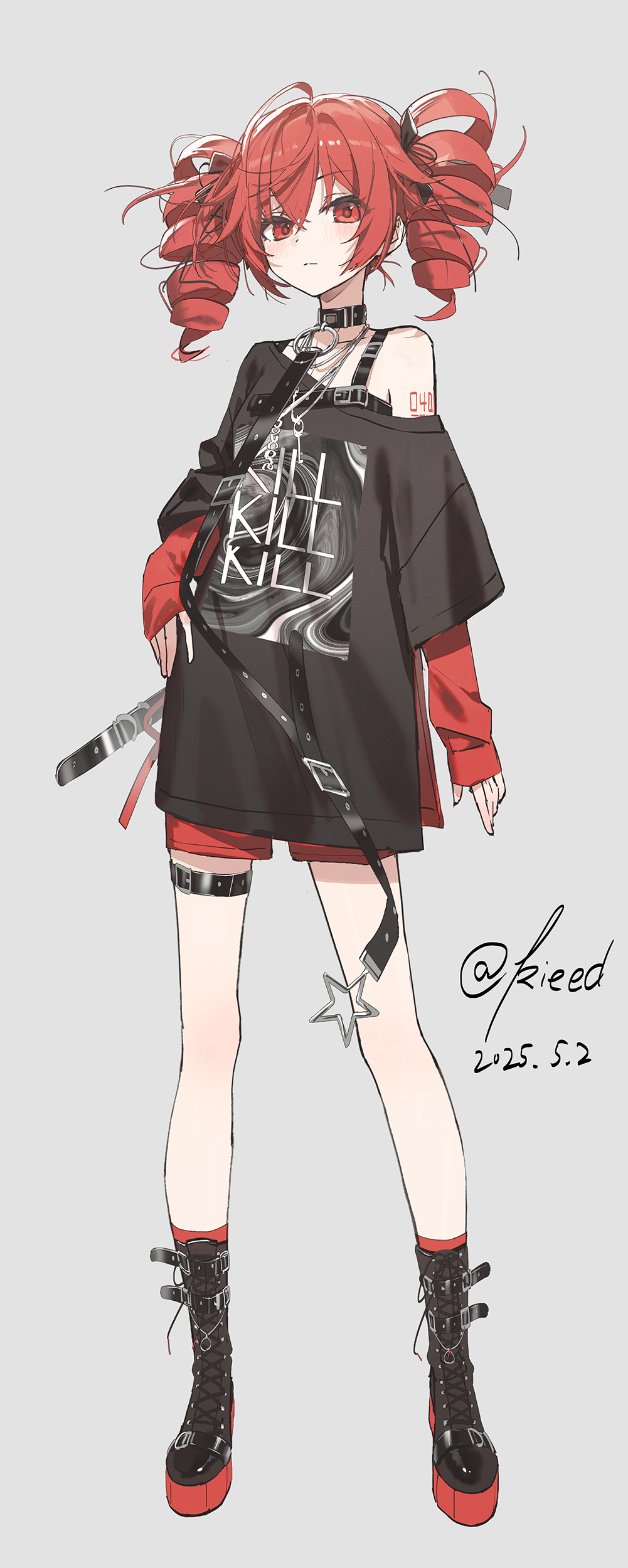 1girl absurdres belt black_boots black_shirt boots drill_hair full_body hair_ribbon hand_on_own_hip highres kasane_teto kieed lace-up_boots layered_sleeves long_shirt long_sleeves red_eyes red_hair ribbon shirt sleeves_past_wrists solo standing thigh_belt thigh_strap twin_drills utau