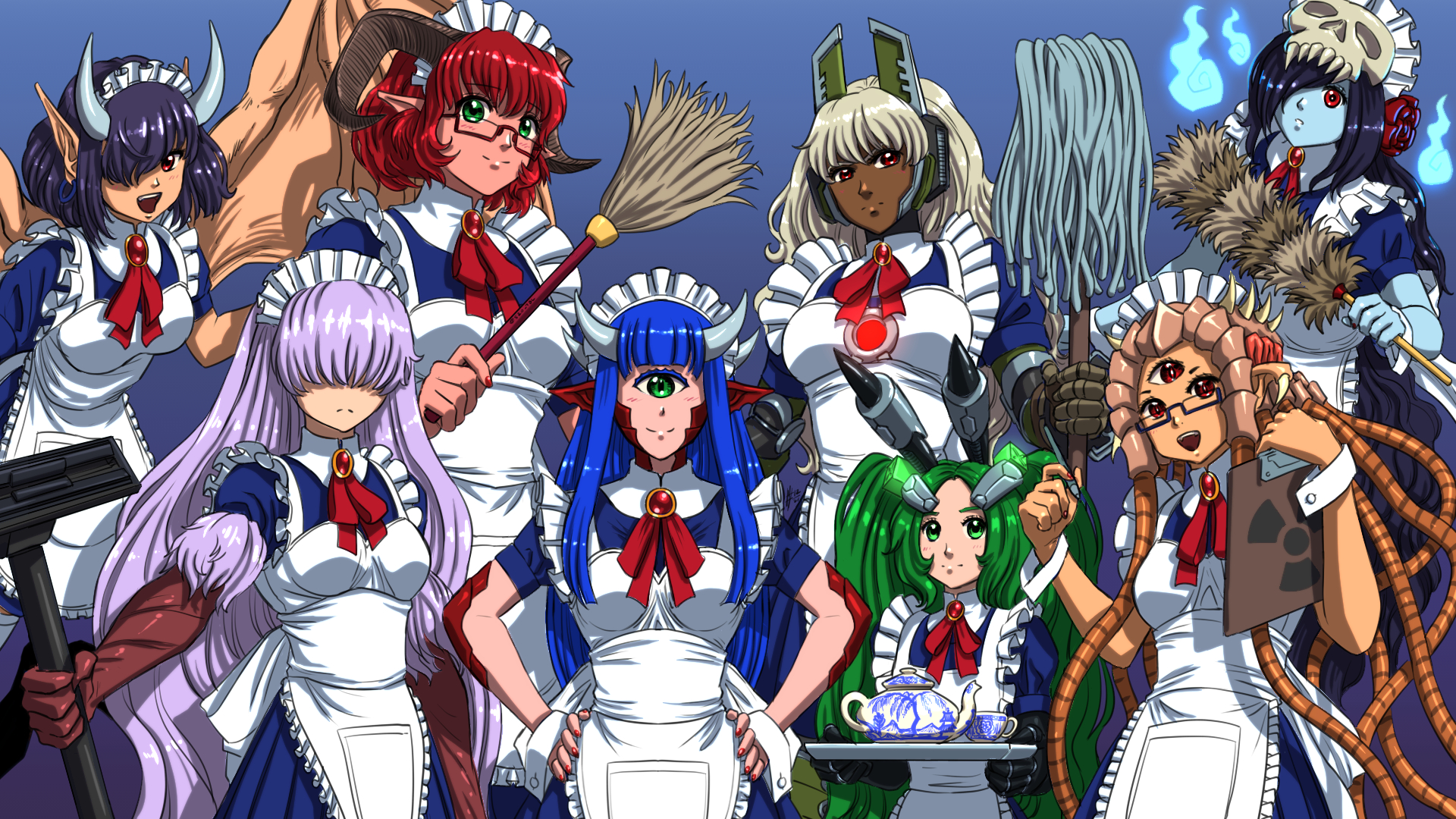 6+girls :d baron_of_hell bfg_9000_(personification) black-framed_eyewear black_hair blonde_hair blood_(game) blue_hair blue_skin brooch broom cacodemon colored_skin commentary covered_eyes cup cyclops dark-skinned_female dark_skin demon_girl doom_(series) doom_eternal duke_nukem_3d duster extra_eyes frown glasses green-framed_eyewear green_eyes green_hair hair_over_eyes hair_over_one_eye hands_on_own_hips highres hitodama holding holding_notepad holding_pen horns jewelry light_purple_hair long_hair looking_at_viewer maid maid_headdress mechanical_arms monster_girl mop multiple_girls nail_polish neck_ribbon notepad one-eyed open_mouth pen personification phantasm_(blood) pointy_ears quake_(series) quake_1 radiation_symbol red_eyes red_hair red_nails red_ribbon ribbon scales semi-rimless_eyewear shambler short_hair short_sleeves skull_on_head smile substance20 teapot tentacle_hair third_eye tray under-rim_eyewear vacuum_cleaner wings wrist_cuffs