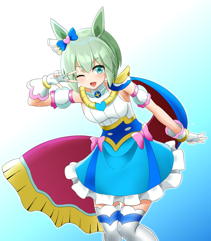 1girl animal_ears aqua_eyes blue_background blue_cape blue_dress bow brooch cape commentary cosplay cure_sky cure_sky_(cosplay) detached_sleeves dress ear_ornament fingerless_gloves frilled_dress frills fringe_trim gloves gradient_background green_hair hair_ornament hirogaru_sky!_precure honda_takaharu horse_ears horse_girl jewelry leaning_forward looking_at_viewer name_connection one_eye_closed open_mouth pink_bow precure puffy_detached_sleeves puffy_sleeves red_cape seiun_sky_(umamusume) short_dress short_hair sleeveless sleeveless_dress smile solo standing thighhighs two-sided_cape two-sided_fabric umamusume w white_gloves white_thighhighs wing_hair_ornament