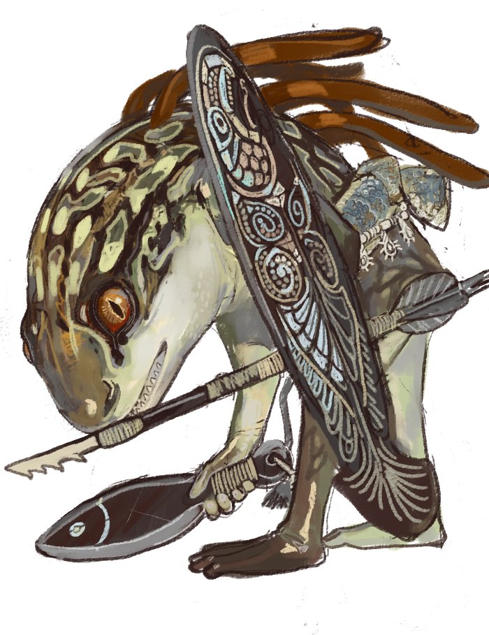 1other holding holding_harpoon holding_shield holding_weapon knife monster mossacannibalis murloc no_humans orange_eyes sharp_teeth shield simple_background slit_pupils teeth warcraft weapon white_background