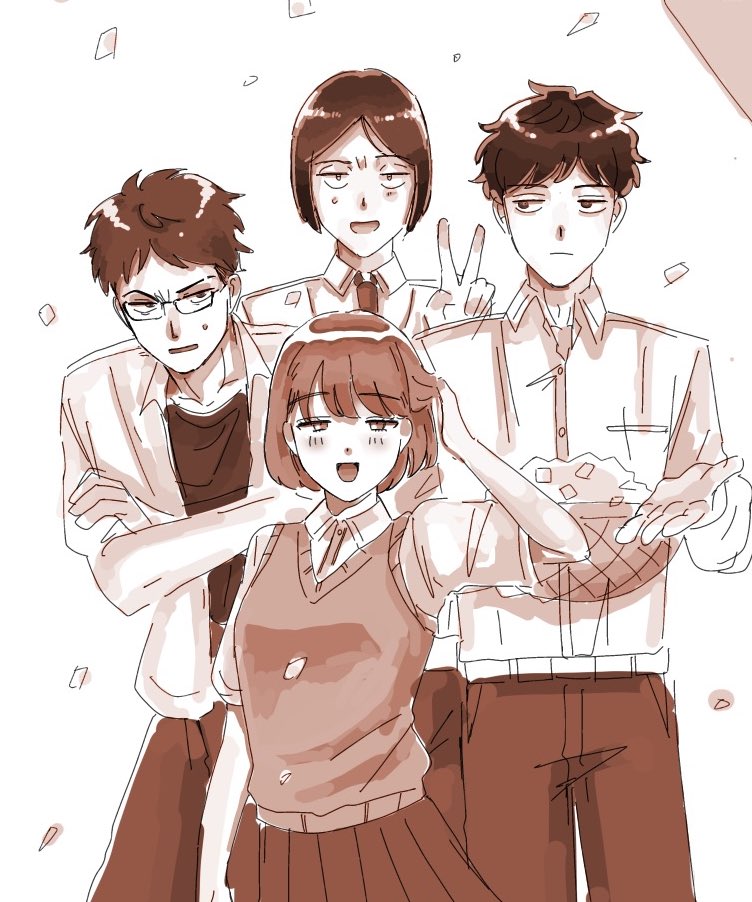 1girl 3boys :| annoyed basket blush breast_pocket closed_mouth collared_shirt commentary_request confetti cowboy_shot crossed_arms dos_i2525 dress_shirt eyebrow_cut futsuu_no_keion-bu genderswap genderswap_(mtf) glasses greyscale hand_up height_difference holding holding_basket jitome long_sleeves mizuo_haruichi monochrome multiple_boys multiple_girls necktie open_clothes open_shirt pants pleated_skirt pocket protocol._(futsuu_no_keion-bu) sanpaku school_uniform sepia shirt shirt_tucked_in shirt_under_shirt short_hair short_sleeves simple_background skirt standing sweater_vest taguchi_ryuuya takami_kouki tohno_gen white_background wing_collar